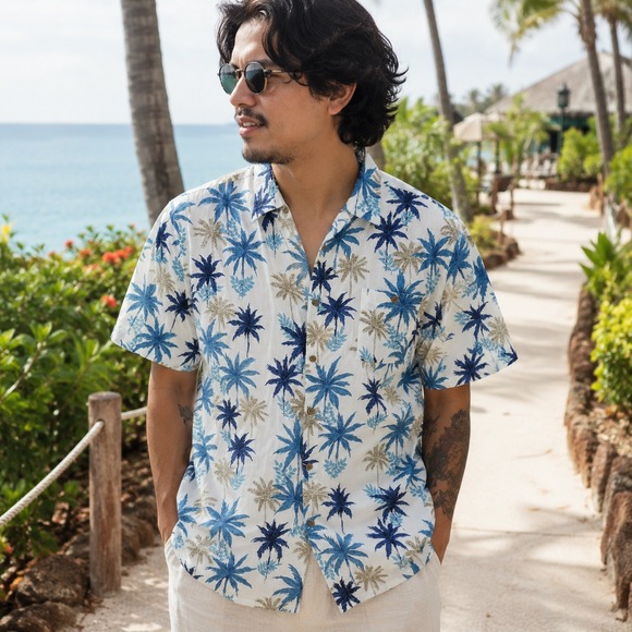 Campia Other - Campia Moda Hawaiian‎ Shirt Mens XL White Blue Rayon Palm Tree Tropical Aloha